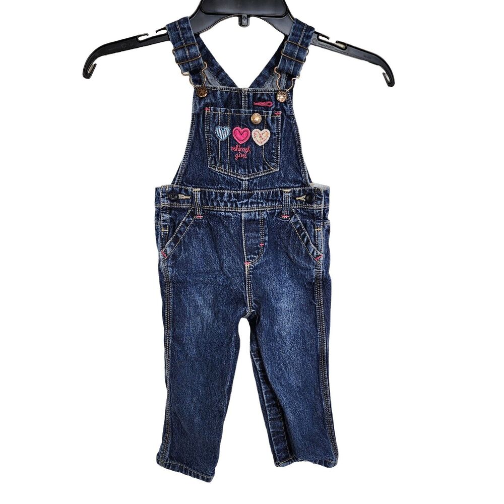 OshKosh Bgosh Toddler Girls Vestbak Overalls 18mo Blue Denim Embroidered Hearts